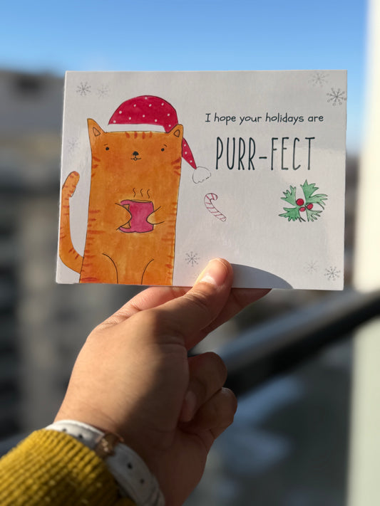 I hope your holidays are purr-fect | Cat-themed 4x6 holiday card, blank inside