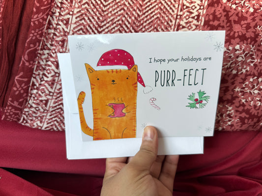I hope your holidays are purr-fect | Cat-themed 4x6 holiday card, blank inside