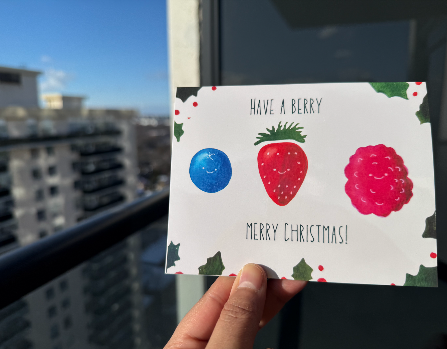 Berry Merry Christmas card | Whimsical watercolor 4x6 holiday card, blank inside