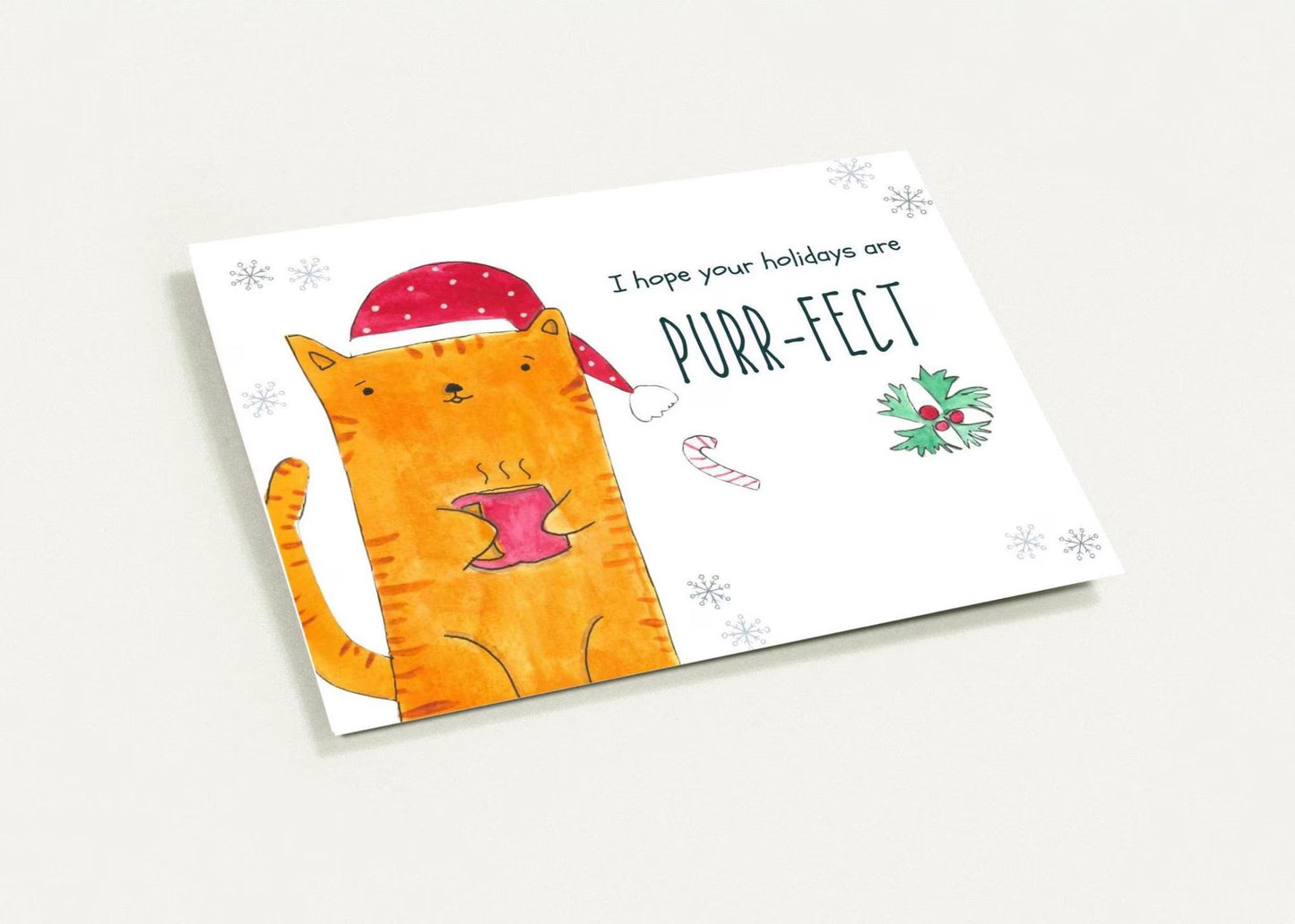 I hope your holidays are purr-fect | Cat-themed 4x6 holiday card, blank inside