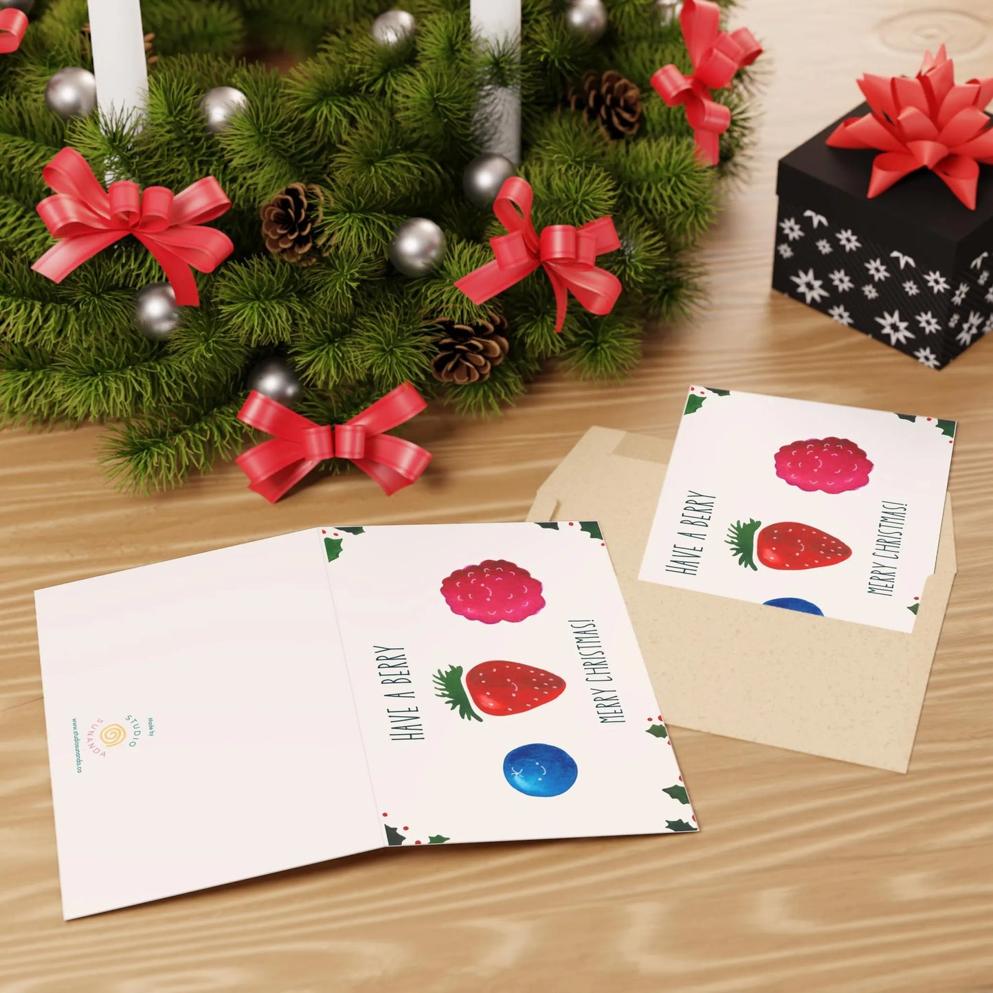 Berry Merry Christmas card | Whimsical watercolor 4x6 holiday card, blank inside
